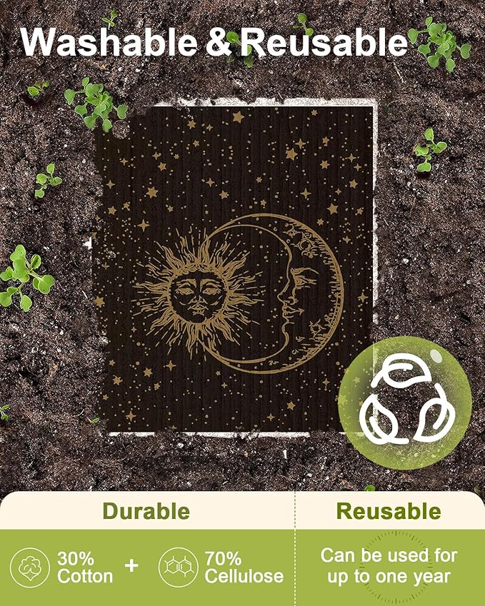 Miss Adola 8 Pack Swedish Kitchen Dishcloths - Absorbent Reusable Dish Towels, Fast Drying, Moon Sun