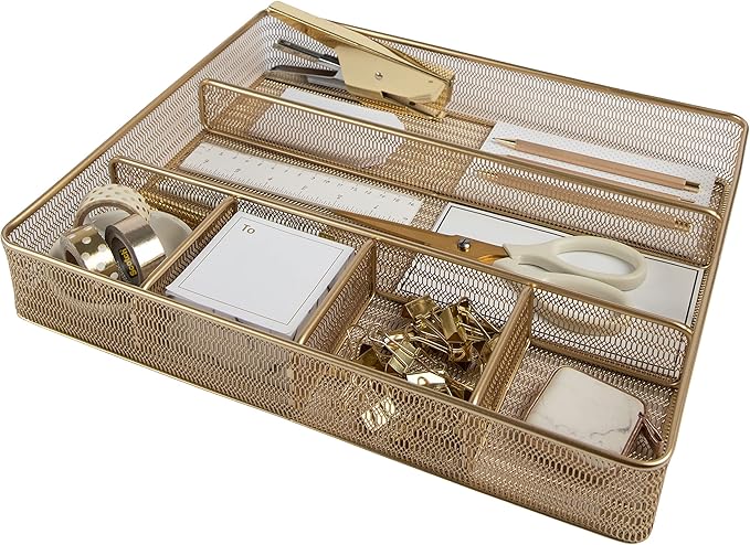 BLU MONACO | Gold Desk Drawer Organizer Tray with 6 Compartments | Metal Mesh Drawer Organizer for Office Supplies & Accessories | Large Desk Organizer for Drawers