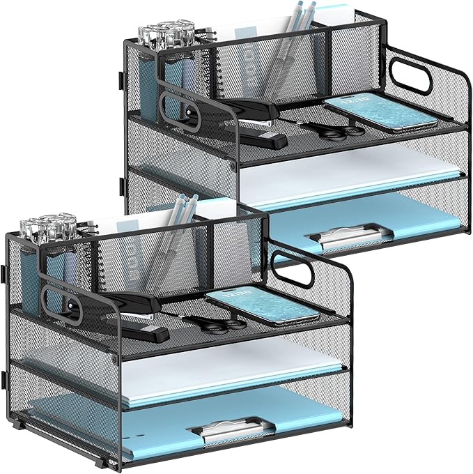 2 Pack 3-Tier Paper Letter Tray Organizer with Pen Holder, Mesh Desk Accessories & Workspace Organizers with Handle, File Sorter Office Supplies for Desk, Black