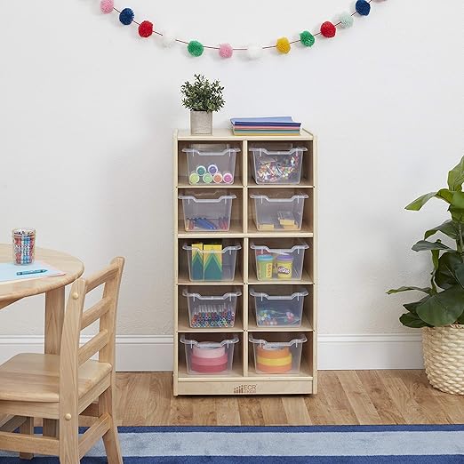 ECR4Kids 10 Cubby Tray Cabinet with Scoop Front Storage Bins, 5x2, Natural, Classroom Furniture, Clear