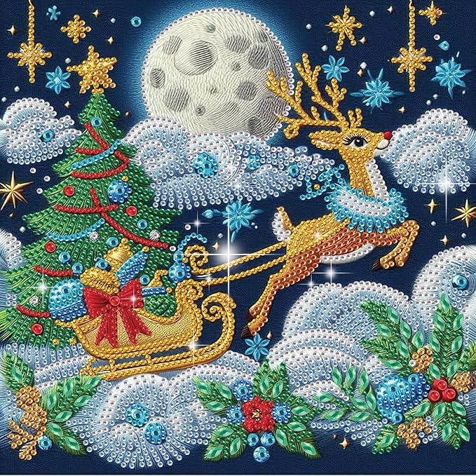 antor Christmas Diamond Painting Kit, 5D Special Shape Diamond Art for Adults, Reindeer Pulling Sleigh at Night DIY Crystal Rhinestones Diamond Painting, Holiday Wall Decor, Winter Home Decoration