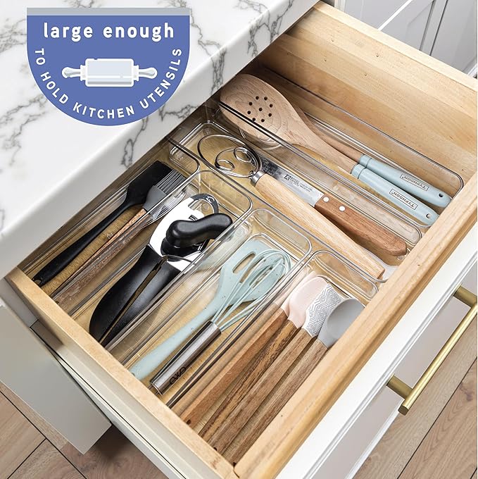 primebox Six Pcs. Plastic Clear Drawer Organizers. Stackable Storage Trays for Kitchen Utensils and Silverware. 2 Sizes. Stackable