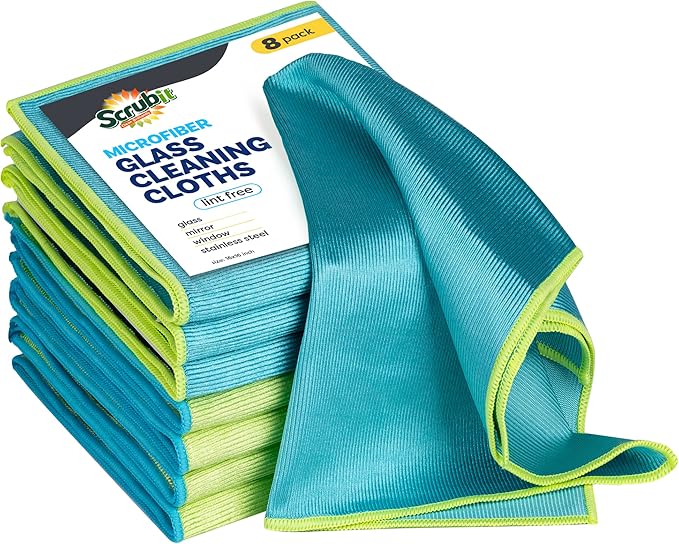 SCRUBIT Microfiber Cloths for Glass [8 Pack] – Lint Free Window Cleaning Cloth for Mirrors, Eyeglasses, Windows, Shower Glass Doors – Reusable and Washable Polishing Towels - 16” x 16”