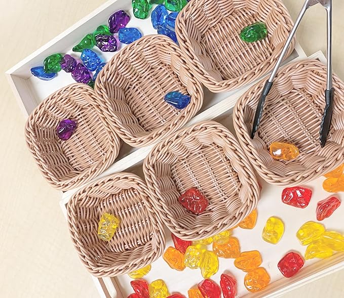 Constructive Playthings Plastic Wicker Baskets for Storage in Educational or Home Setting, Stores Toddler Toys, Keys, Jewelry and Classroom Supplies, Stackable, Set of 12 Woven Baskets