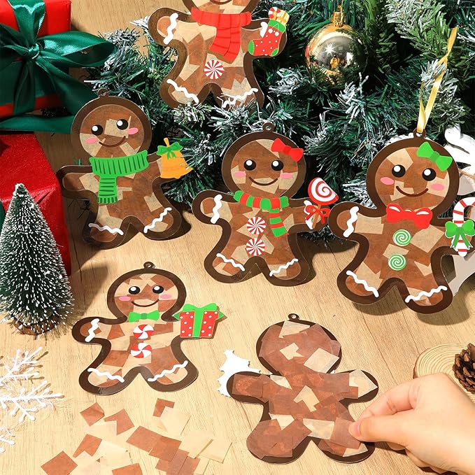 Qyeahkj 36 Set Christmas Gingerbread Suncatchers Crafts for DIY Winter Gingerbread Man Window Tissue Paper Craft Kit Hanging Decor for Xmas Holiday Home Activity Art Project Birthday Party Favor