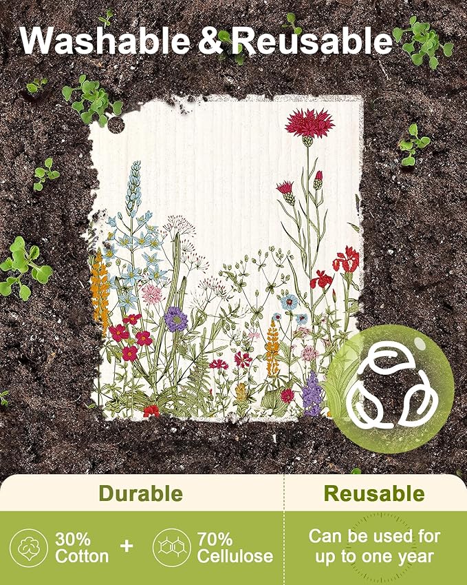 Miss Adola 8 Pack Reusable Kitchen Swedish Dishcloths for Washing Dishes - Absorbent Fast Drying Cleaning Sponge with Cute Flower Design - Washable Decor Cloths