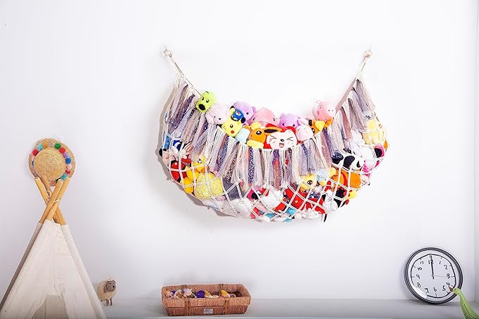 Large Stuffed Animal Net or Hammock with Light Wall Hanging Organizer for Kid Room Toy Storage Net Bedroom Playroom Plush Toy Holder-Cream