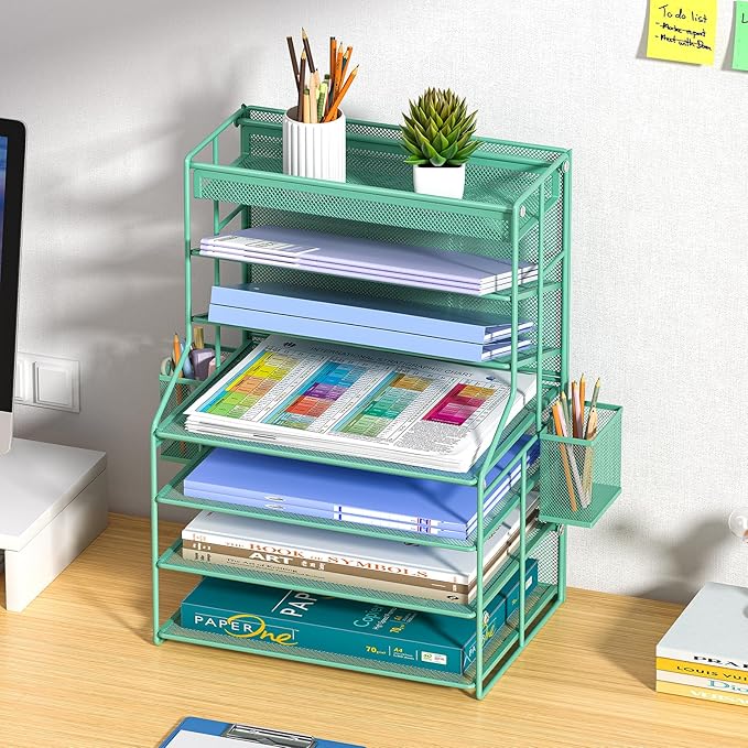 7 Tier Desk File Organizer,Metal Document Holder with Adjustable Shelves, Pull-Out Drawer & Removable Pen Holder for Office Organization,Green