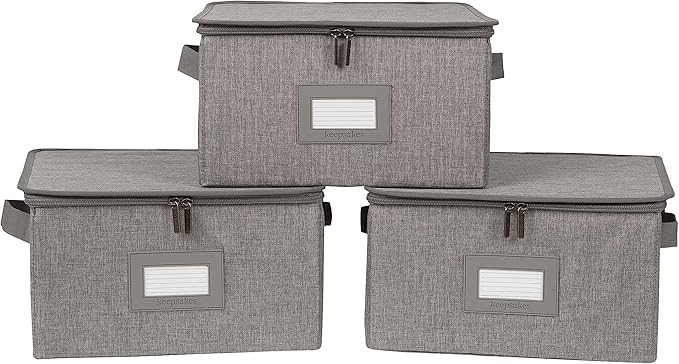 Covermates Keepsakes Zip-Top Storage Box Set, 3 Pack Heavy Duty Polyester Organizer Bins, Stackable Design, ID Window, Reinforced Handles, Closet Home Storage, Grey Heather