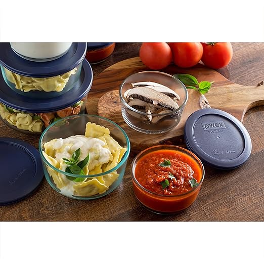 Pyrex Simply Store 14-Piece Round Glass Food Storage Set, Blue Made in the USA