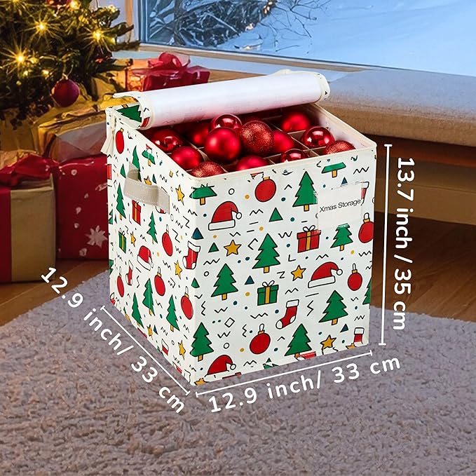 VENO 4 Pack Christmas Ornament Storage Box, Stores up to 64 Holiday Ornaments, Adjustable Dividers, Zippered Top, Storage bins with lids for holiday decorations-3 Inch Cube Compartments (Jingle Mix)