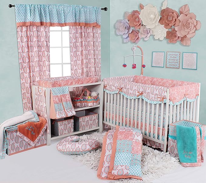 Bacati - Paisley Kids Storage (Laundary Hamper with Wooden Frame and Mesh Liner, Coral/Aqua)