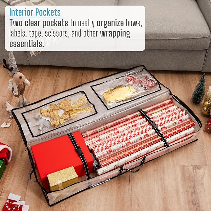 VENO Clear Wrapping Paper Organizer Storage Box for Christmas Gift Bags and Holiday Accessories, Underbed Storage Container with Interior Pockets, 40 Inches Long Fits 24 Rolls
