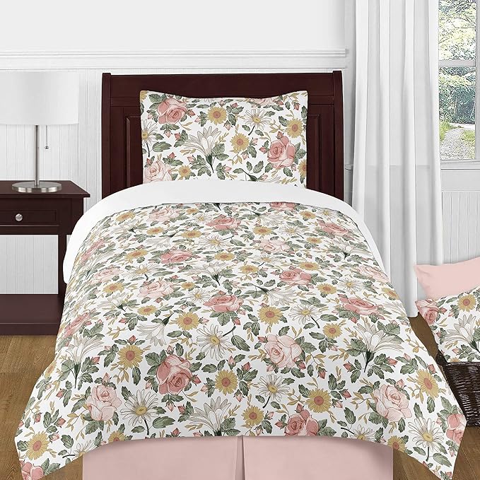 Sweet Jojo Designs Vintage Floral Boho Foldable Fabric Storage Cube Bins Boxes Organizer Toys Kids Baby Childrens - Set of 2 - Blush Pink, Yellow, Green and White Shabby Chic Rose Flower Farmhouse
