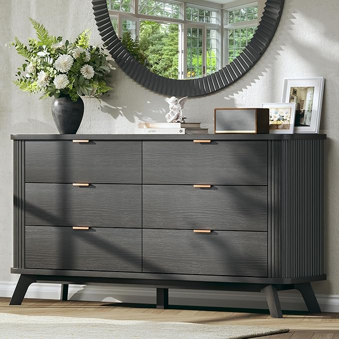 HUAHUU Fluted 6 Drawers Dresser for Bedroom, 55" Mid Century Modern & Chests of Drawers, Curved Profile Design, TV Stand, Wood Storage Dresser for Entryway, Hallway, Black