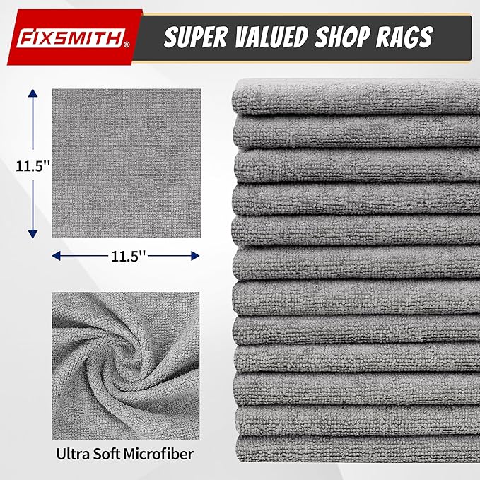 FIXSMITH Microfiber Cleaning Cloth, Shop Towels Bulk, 24 Pack Grey Microfiber Towels for Cars, All-Purpose Absorbent Cleaning Rags, Dust Cloth for Automotive, Mechanic, Garage, Bar, 12 x 11 inch