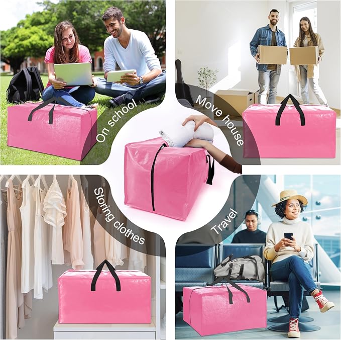 VELVETSURE 12 Pack Heavy Duty Large Moving Bags W/Backpack Straps - Strong Handles & Zippers, Storage Totes For Space Saving, Fold Flat, Alternative to Moving Box and Storage Bin, Pink