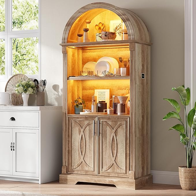 Vlsrka 71" Tall Arched Kitchen Pantry Cabinets, Wood Kitchen Storage Cabinets/Arched Bookshelf/Bookcase,China Cabinet with Open & Adjustable Shelves, Induction LED Light (Brown)