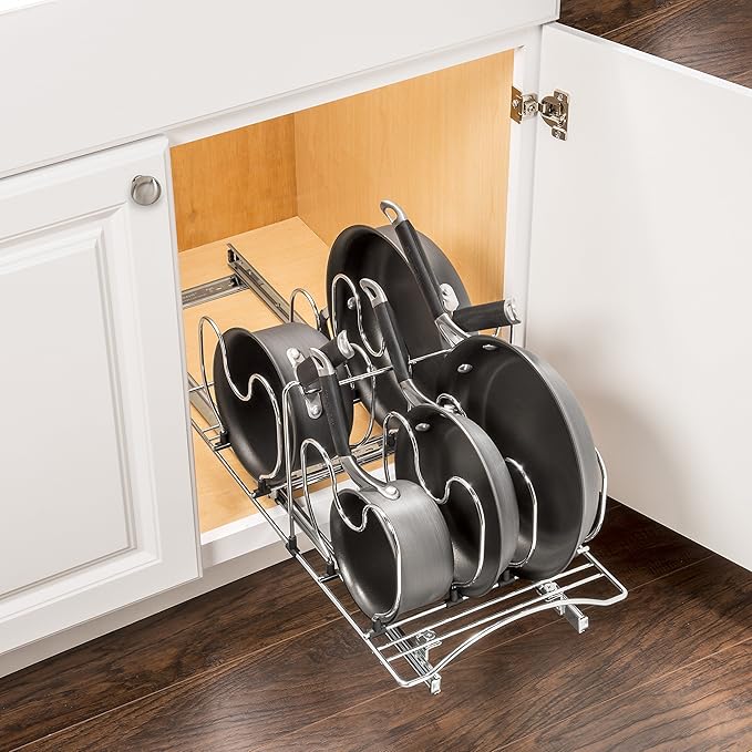 LYNK PROFESSIONAL® Pot and Pan Organizer for Cabinet - Pull Out Pan Organizer Rack - Slide Out Pans and Pots Lid Drawer - Under Cabinet Kitchen Organization and Sliding Storage - 11" W x 21" D, Chrome