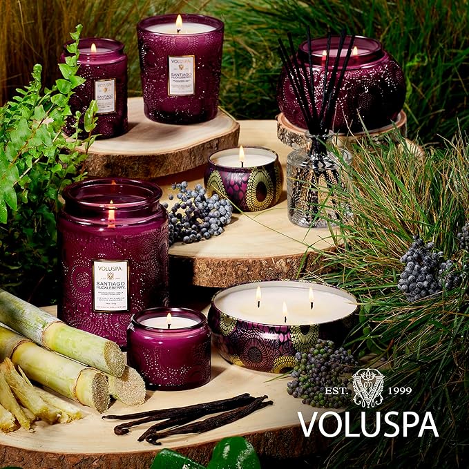 Voluspa Santiago Huckleberry, Large Candle Jar, 18 oz, 100 Hour Burn Time, All Natural Wicks and Coconut Wax for Clean Burning, Vegan, Poured in The USA