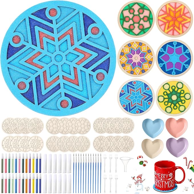 Fiwochic 24 Sets Winter Snowflake Sand Art Kits Double Layered Wooden Winter DIY Coasters Craft Snowflake Make Your Own Cup Coasters for DIY Holiday Activities Table Decoration