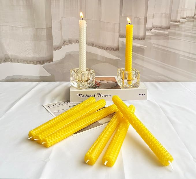 Lacaser Beeswax Tapered Candles Yellow 12pcs, 6 Pairs Unscented candlesticks Set, 9" Long, Natural Beeswax Sheet Handrolled, Burning Time 4 Hours, for Dinner Table Decoration