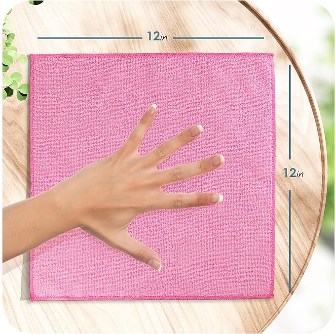 Hearth & Harbor Microfiber Cleaning Cloths, 12 Pack Pink Reusable Towels, Lint Free