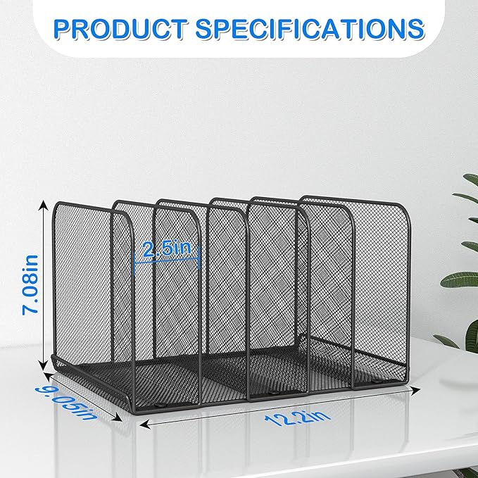 TOPCJ 5 Sections Desk File Holder/Rack/Sorter,Mesh File Organizer,File Folder Organizer,Metal Upright Desktop Organization for Documents,Magazine,Kitchenware,Antiskid,Antirust,Sturdy,2 Packs