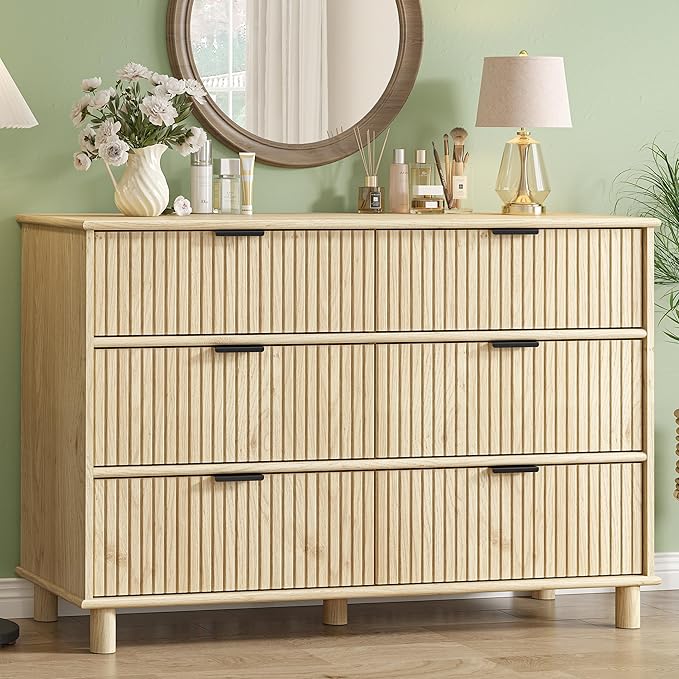 Fluted 6 Drawer Dresser for Bedroom, 47.8" Wide Chest of Drawers with Solid Wood Legs, Wooden Modern Double Dresser TV Stand Organizer for Living Room, Hallway Natural Oak