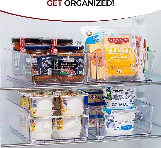 fullstar Fridge Organizer Bins Refrigerator Organizer - Set of 2 Refrigerator Organizer Bins and Freezer Organizer. Clear Storage Bins with Handles for Pantry Organization and Storage