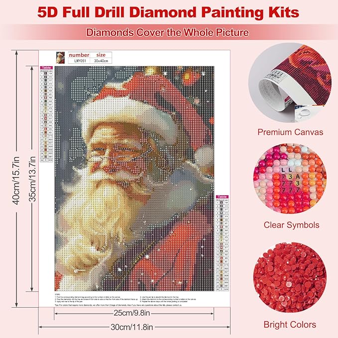 MEIYUDA Christmas Diamond Painting Kits for Adults, 5D Santa Claus Diamond Art Kits for Beginners, DIY Gem Art Crystal Painting for Home Wall Decor and Present 12x16inch
