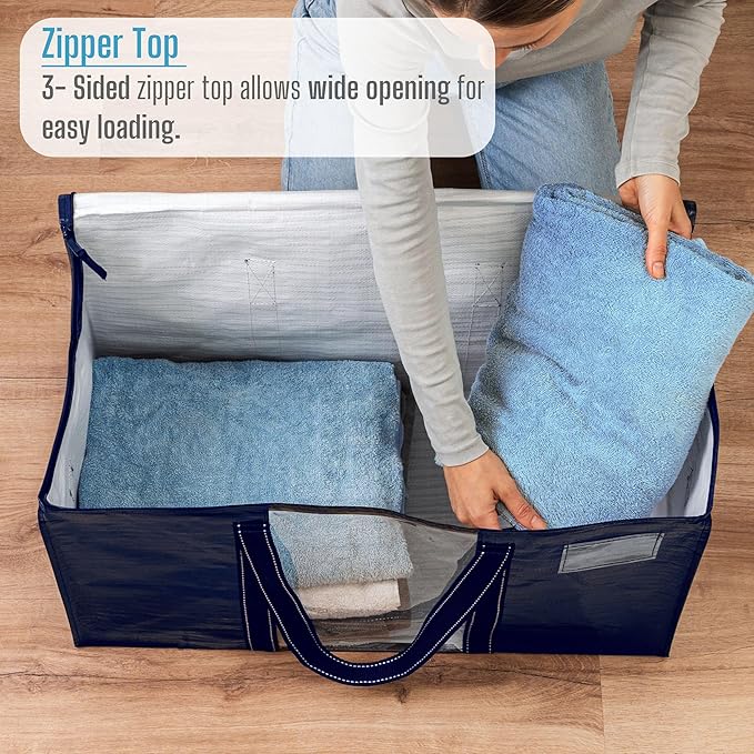 VENO 10 Pack Moving Bags with Clear Window, Heavy Duty Storage Bins with Lid, Around Handles, Tag, Zippers, Extra Large Totes Packing Moving Boxes Supplies for College Dorm Clothes (Blue, 10 Packs)