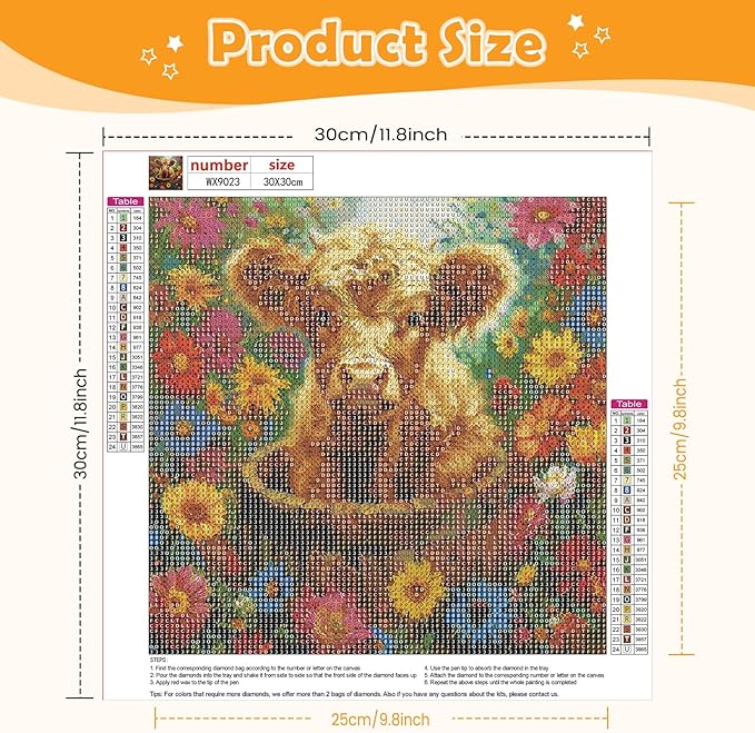 NEWENMO Diamonds Painting Kits for Adults Beginner DIY 5D Colorful Flowers Diamond Paint with Round Diamonds, Full Drill Gem Art Highland Cow Diamonds Art Painting for Home Wall Decor 12x12 Inch