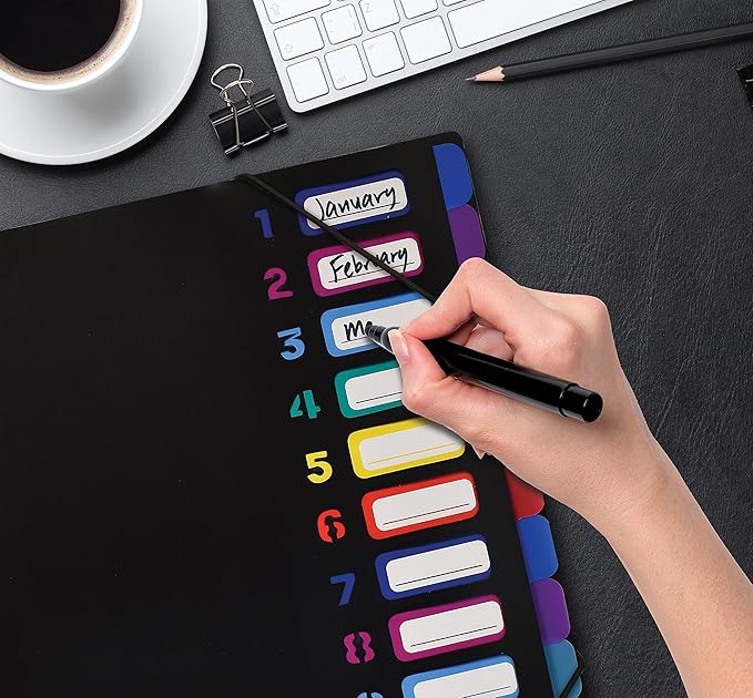 Better Office Products 24 Clear Pocket Expanding File Folder with 12 Colored Tabs, Letter Size, Holds 300 Sheets, Project File Organizer, Numbered Index on Cover,(1 Pack Black)