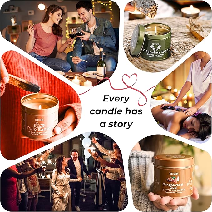 Cleansing Sage, Palo Santo, Sandalwood Oud - Soy Candles Non Toxic - Highly Scented Long Lasting with Essential Oils - Variety Pack of 3 x 5oz - for Home Aromatherapy Meditation Gift Travel