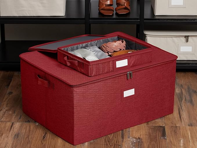 Covermates Keepsakes Zip-Top Storage Box Set, 3 Pack Heavy Duty Polyester Organizer Bins, Stackable Design, ID Window, Reinforced Handles, Closet Home Storage, Red Heather