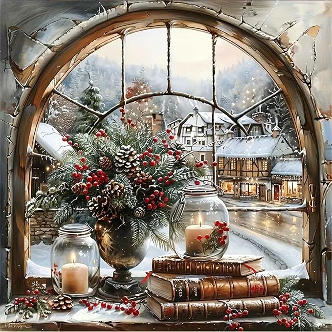 BOHADIY Christmas Window Diamond Art Kits for Adults Beginners, 5D DIY Full Round Drill Diamond Painting Kits, Candle Paint by Diamonds Dot Gem Art Crystal Easy,Home Wall Decor 13.7X13.7Inch