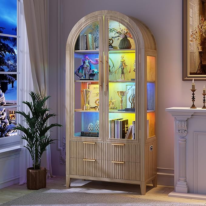 LVSOMT 71" Tall Arched Storage Cabinet with Glass Doors and Drawers, Curio Display Cabinet with Adjustable RGB Light & Human Sensor, 4-Tier China Cabinet for Living Room(Wood)