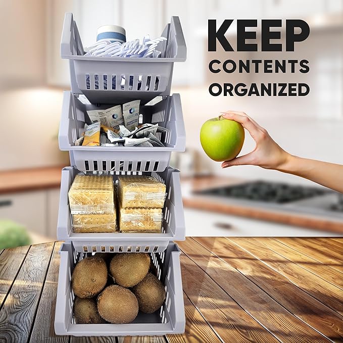 Skywin TidyFriend Small Stackable Storage Bins for Toy Organizer and Storage 4 Pack, Toy Storage Organizer for Kids Room and Home Organization (Light Grey)