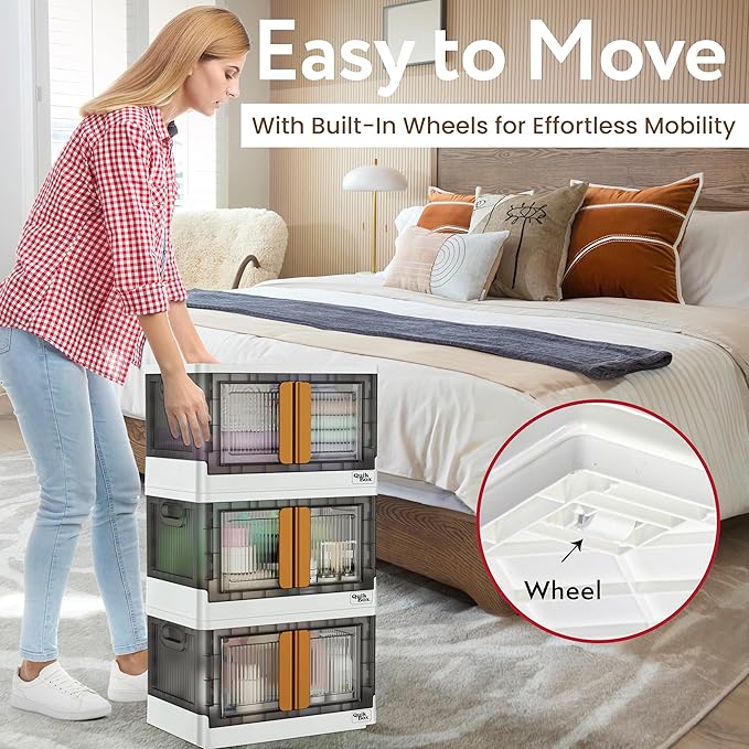 Quik Box - 8.5 Gallon Stackable Storage Bins with Doors & Wheels - Collapsible Organizer for Dorms, Bedroom & Home - Durable Polystyrene - White