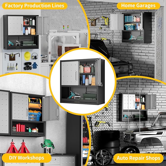 Garage Storage Cabinets Wall Mount, Locking Metal Wall Cabinets with Doors and Adjustable Shelves, Floating Hanging Storage Cabinet for Garage, Basement, Warehouse