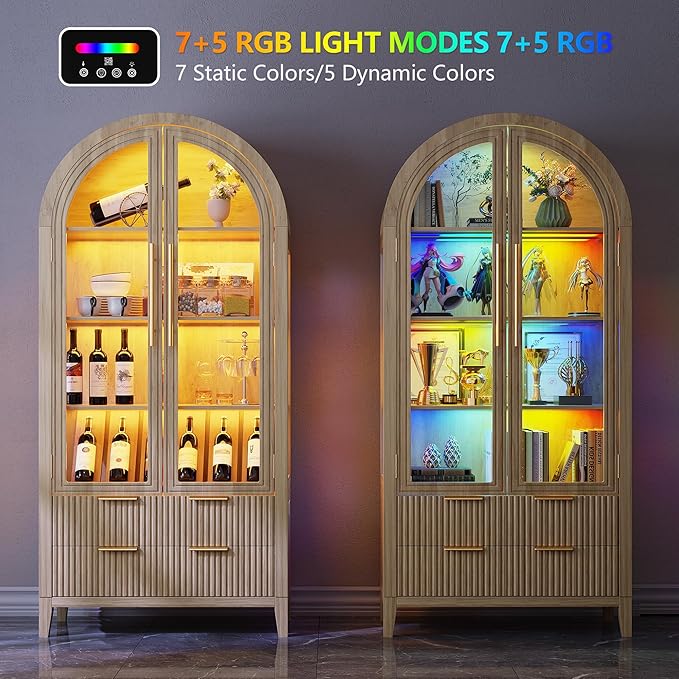 LVSOMT 71" Tall Arched Storage Cabinet with Glass Doors and Drawers, Curio Display Cabinet with Adjustable RGB Light & Human Sensor, 4-Tier China Cabinet for Living Room(Wood)