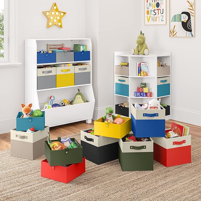 RiverRidge Kids 6pc Folding Storage Bins Set - 10.5”W x 5”H Fabric Boxes with Handles for Closet Organizer & Storage - Black Cube Storage Organizer for Toys, Clothes & Crafts - Fits RiverRidge Shelves