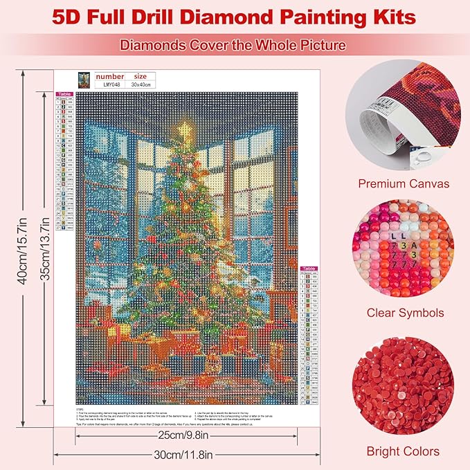 MEIYUDA Christmas Tree Diamond Painting Kits for Adults, 5D Window Tree Diamond Art Kits for Beginners, DIY Gem Art Crystal Painting for Home Wall Decor and Present 12x16inch