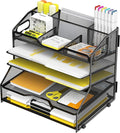 YINGHUA 5 Tier Paper Tray Letter Organizer with Top 6 Adjustable Compartments - Paper Sorter Office Desktop Accessories with Handles for Document,Mail,School Supplies Storage,Black