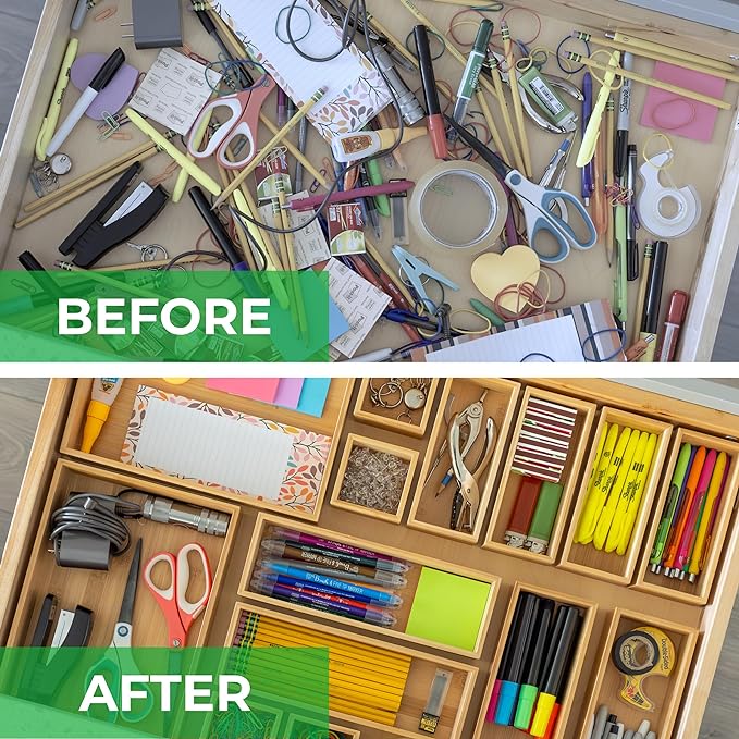 Grow Forward Bamboo Drawer Organizer Boxes - Set of 7 Wooden Drawer Organizers for Kitchen, Bathroom, Office, Desk, Vanity, Makeup - Non-Slip Junk Drawer Organizer Trays for Storage and Organization