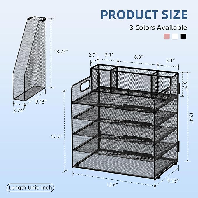 SUPEASY 5-Tier Paper Organizer for Desk with 3 Pen Holder and Magazine Holder, Paper Letter Tray Desk Organizer for Home, Office, School, Black