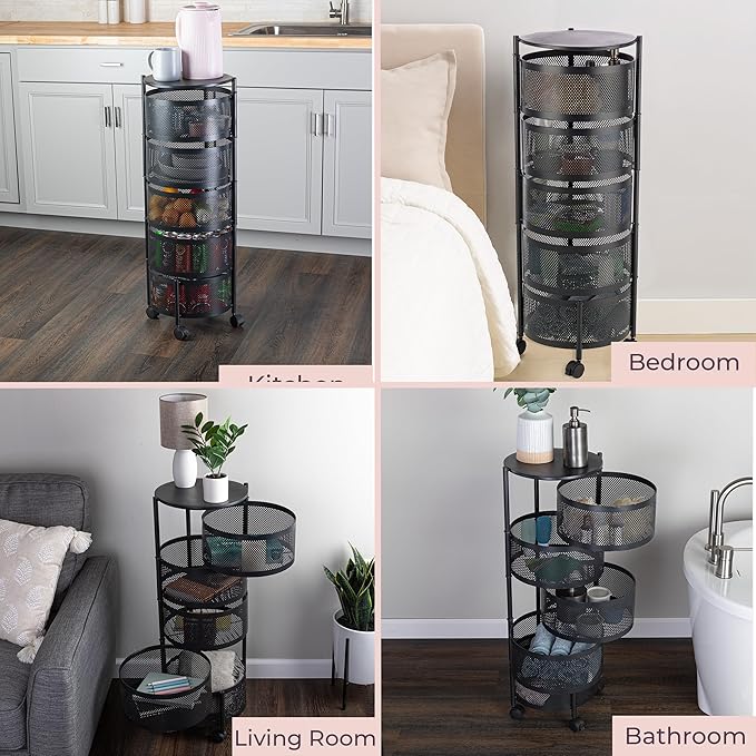 Home-Complete Kitchen Storage Rolling Cart with Wheels - 5 Tier Rotating Fruit and Vegetable Baskets for Kitchen Organization and Storage - Metal Cart for Pantry, Bathroom, or Craft Room (Black)