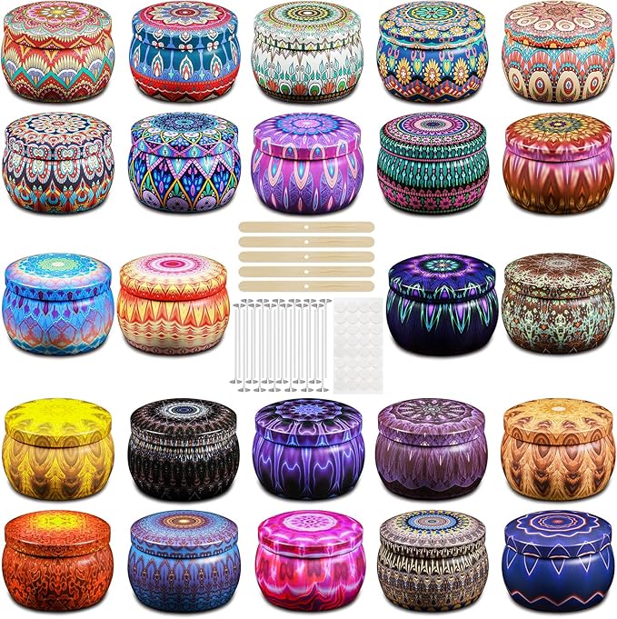 Domivirgo 24 Empty Candle Tins 4.5 oz with Lids - Simple Candle-Making Kit, Includes Wicks, Holders & Stickers, Multi-Purpose Storage Containers for Crafts & Small Items