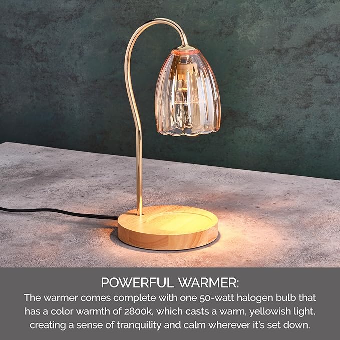 Mikasa 13.2 Inch Amber Glass Shade Electric Candle Warmer - Elegant Lamp Style Warmer with Wood Base, 50W Halogen Bulb, Safe Flameless Fragrance for Home Decor